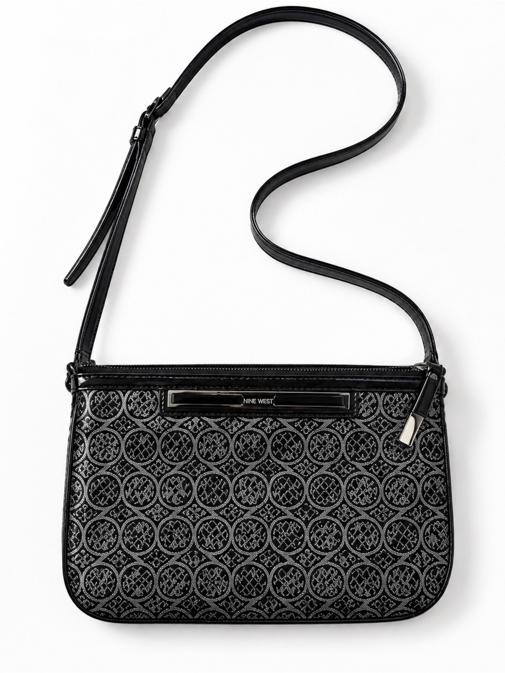 Nine West Black Silver Jacquard Logo Crossbody Purse Y2K Shoulder Bag